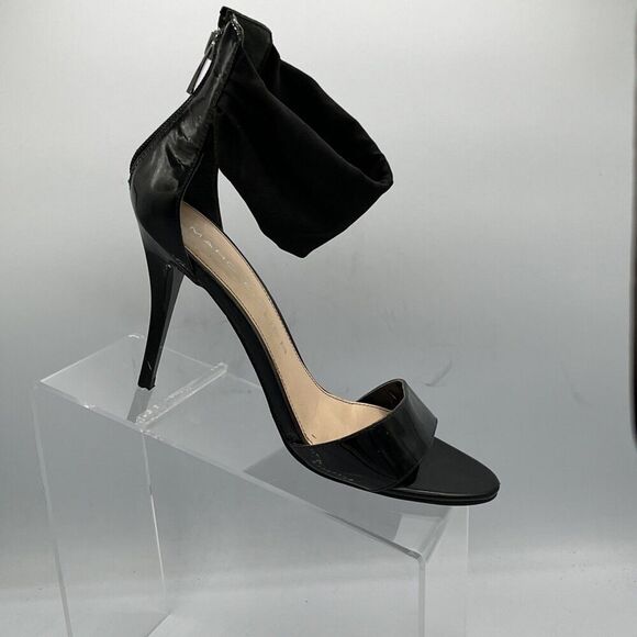 Marc Fisher Black Patent Stiletto Heels Size  8  Zip Back Chic Ankle Wrap - Picture 1 of 13